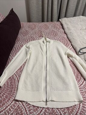 White Tunic Zip Open Knit Cardigan Sweater